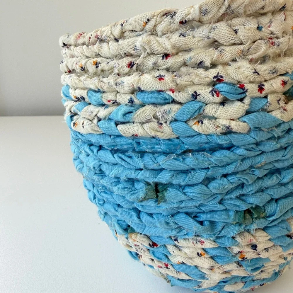 Vintage Hand Braided Fabric Rag Basket Blue Floral Coiled Cotton Storage Bowl